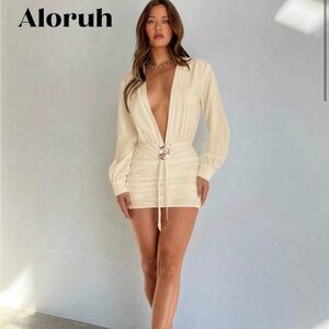 SHEIN Cream Long Sleeve Dress with Gold Accent